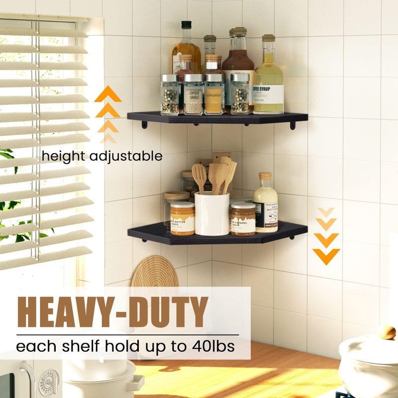 Fun Memories Corner Shelf Wall Mount, Floating Corner Shelves, Set of 2 Corner Wall Shelf Organizer, Rustic Wood Wall Storage Display Shelves for Living Room Bedroom Bathroom Kitchen, Classic Black - Image 3