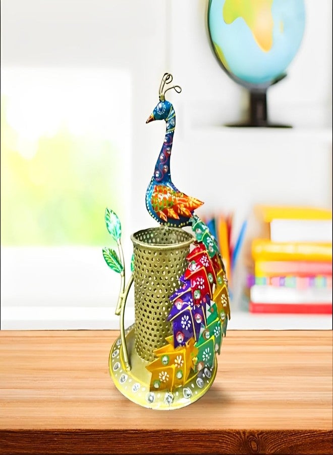 RHEA STORE - MultiColour Beautiful Peacock Pen Stand, Metal Desk Organizer, Stationery Holder for Home & Office, Showpiece for Study Table, Pen & Pencil Holder for School, College, and Corporate Use - Image 1