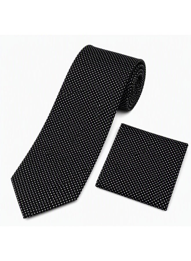 Men’s Black Polka Dot Necktie with Matching Pocket Square – 2-Piece Formal Set - Image 3