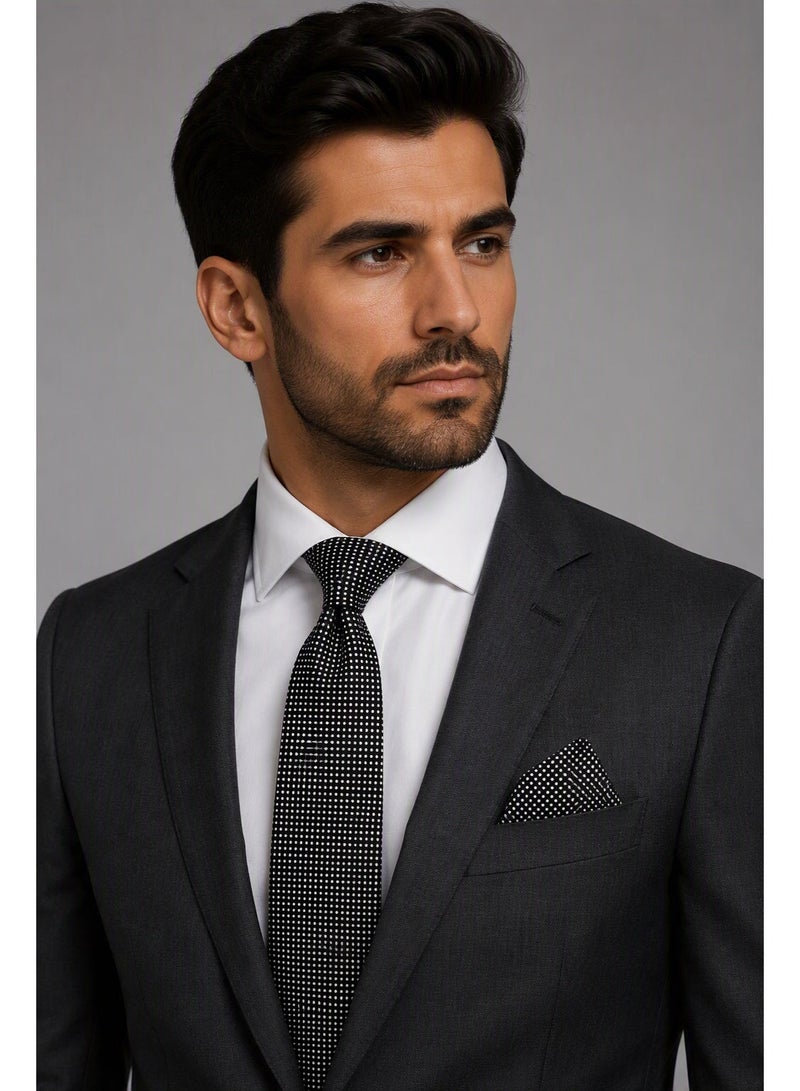 Men’s Black Polka Dot Necktie with Matching Pocket Square – 2-Piece Formal Set - Image 1