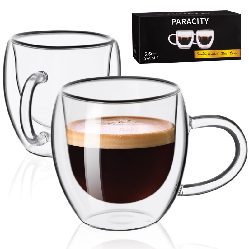 PARACITY Espresso Cups Set Of 2 Double Wall Insulated Glass Coffee Mugs 55 OZ Cappuccino Cups with Handle Clear Glass Coffee Cups Travel Camping for CappuccinoLatteTeaShots