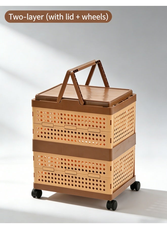 Foldable Storage Basket with Handle & Wheels, Large Capacity Stackable Organizer for Picnic, Toys, Snacks, Dirty Clothes (HC-0018-2 tier) - Image 1