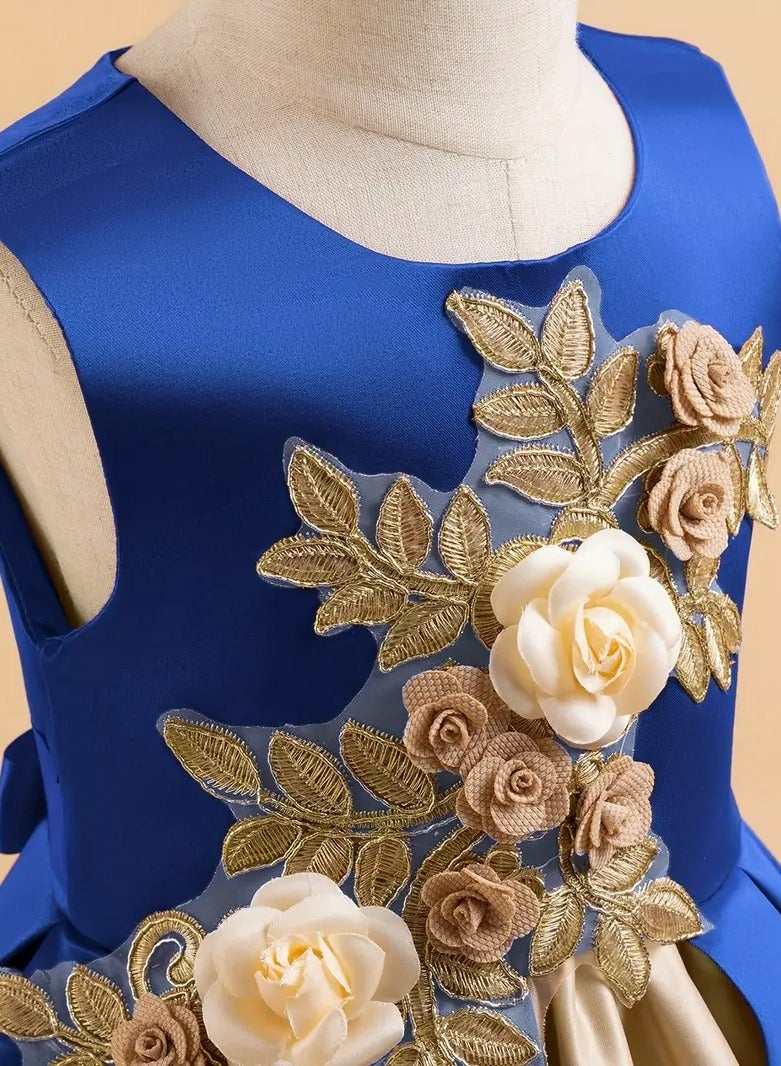 Vintage Style 3D Embroidery Princess Dress — Elegant Party Dress for Kids, Girls Party Wear Dress, Frock for Girls, Dresses for Girls, Kids Girl Dress, Tulle Dress, Birthday Dress — Royal Blue, 130cm (7-8Y) - Image 2