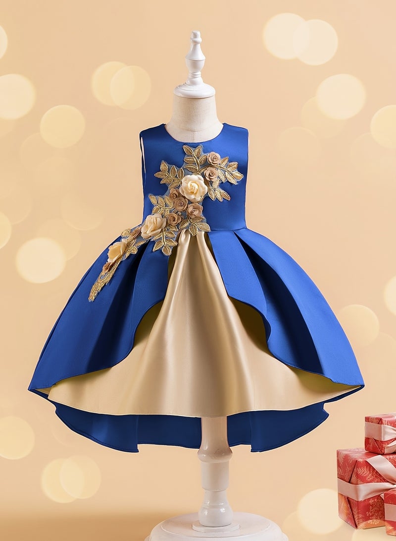 Vintage Style 3D Embroidery Princess Dress — Elegant Party Dress for Kids, Girls Party Wear Dress, Frock for Girls, Dresses for Girls, Kids Girl Dress, Tulle Dress, Birthday Dress — Royal Blue, 130cm (7-8Y) - Image 1