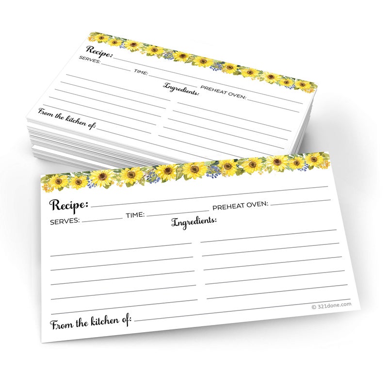 321Done بطاقة وصفة عباد الشمس (مجموعة من 50) صغيرة 3 بوصة × 5 بوصة - من المطبخ الأبيض - مزدوجة الجوانب لحفلات الزفاف وحفلات استقبال المولود الجديد - صنع في الولايات المتحدة الأمريكية