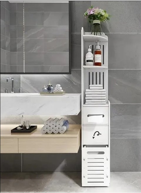Bathroom Multi-Level Corner Cabinet, Freestanding Storage Cupboard with Toilet Paper Holder & Trash Can, Compact Organize Shelf
