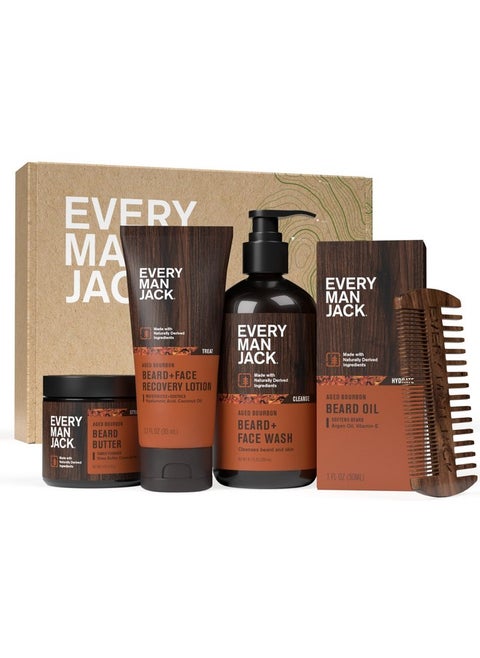 Every Man Jack Mens Aged Bourbon Beard Set - Five Full-Sized Grooming Essentials For a Complete Routine - Beard + Face Wash, Beard + Face Lotion, Hydrating Beard Oil, Beard Butter, and Beard Comb