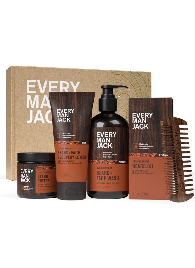 Every Man Jack - Every Man Jack Mens Aged Bourbon Beard Set - Five Full-Sized Grooming Essentials For a Complete Routine - Beard + Face Wash, Beard + Face Lotion, Hydrating Beard Oil, Beard Butter, and Beard Comb - Image 1