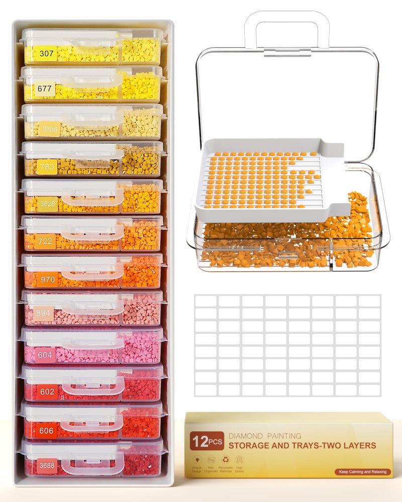 Redtwo 3-in-1 Diamond Painting Storage Containers Trays-12pcs, Unique Two Layers Diamond Art Accessories Trays with Lids, Beads & Drills Storage & Line-Up, with 64 Labels and 1 Rack - Image 1
