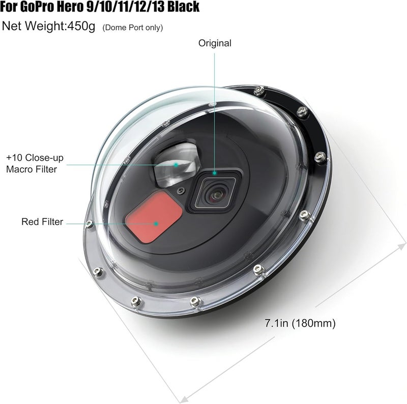 غيبولي منفذ قبة لكاميرات GoPro Hero 12 11 10 9 أسود - عدسة منفذ قبة مع علبة مقاومة للماء، مشغل، مقبض عائم، مرشح أحمر قابل للتبديل مدمج ومرشح ماكرو 10x - Image 2