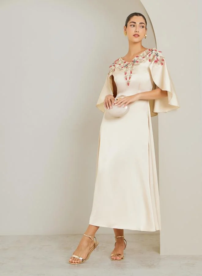 Styli Cream Embellished Cape Sleeve Sheath Maxi Dress