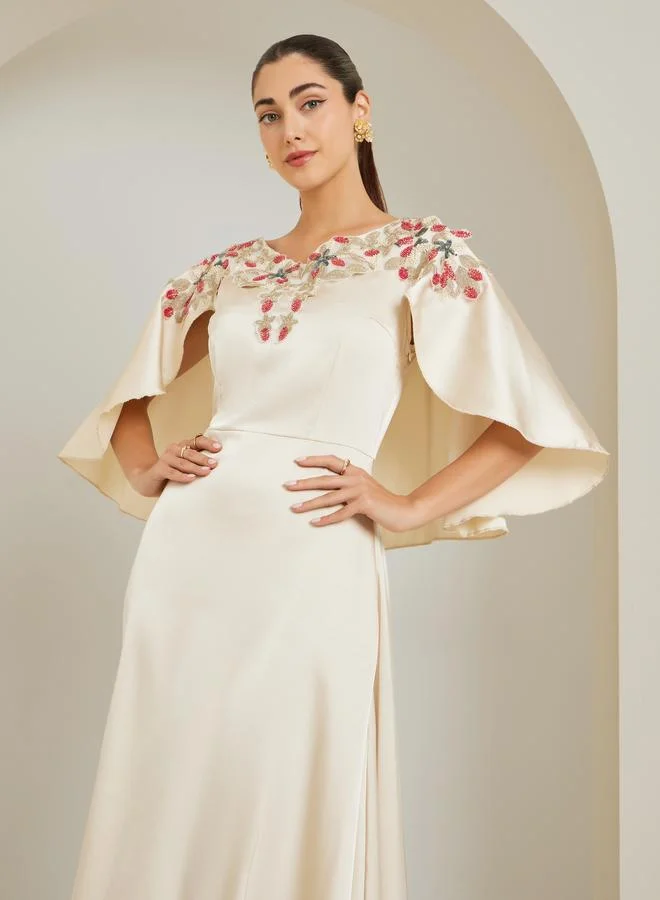 Styli Cream Embellished Cape Sleeve Sheath Maxi Dress