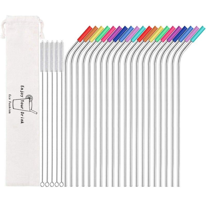 MUTNITT Set of 20 105 Reusable Bent Stainless Steel Straws with 20 Silicone Tips 5 Cleaning Brush 1 Travel Case Eco Friendly Extra Long Metal Straw Drinking for 20 24 30 oz Tumbler