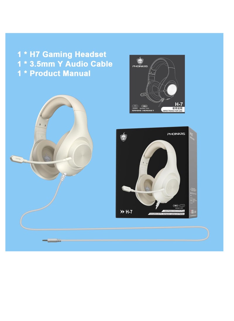 Excefore - Wired Gaming Headset with 7.1 Surround Sound, H-7 Gaming Over Ear Headphones with Noise Cancelling, Flexible Mic, Memory Earmuffs, Wired Headset for PC/PS5/VS/Xbox Series X/S/Switch, White - Image 1