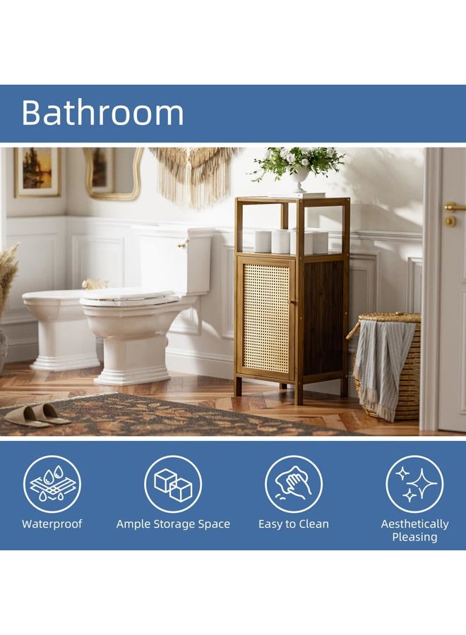 HITNET Rattan Bathroom Cabinet, Freestanding Bathroom Cabinet, Small Bamboo Floor Cabinet with Door, Living Room, Kitchen, Entrance, Walnut - Image 4