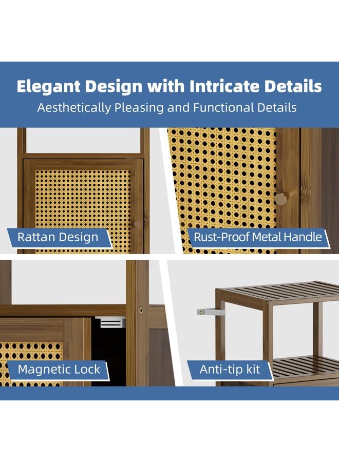 HITNET Rattan Bathroom Cabinet, Freestanding Bathroom Cabinet, Small Bamboo Floor Cabinet with Door, Living Room, Kitchen, Entrance, Walnut - Image 3