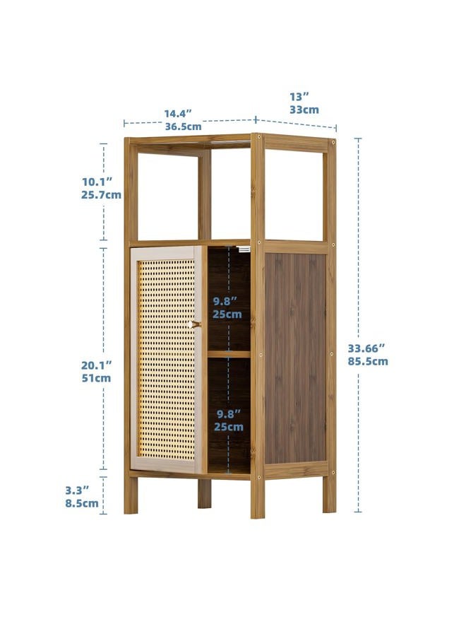 HITNET Rattan Bathroom Cabinet, Freestanding Bathroom Cabinet, Small Bamboo Floor Cabinet with Door, Living Room, Kitchen, Entrance, Walnut - Image 2