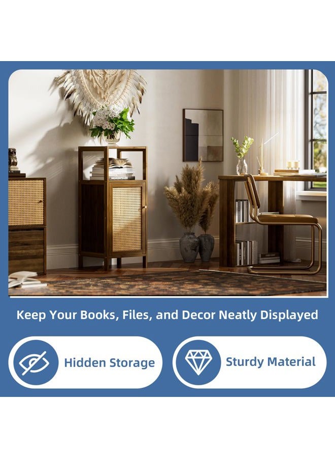 HITNET Rattan Bathroom Cabinet, Freestanding Bathroom Cabinet, Small Bamboo Floor Cabinet with Door, Living Room, Kitchen, Entrance, Walnut - Image 5