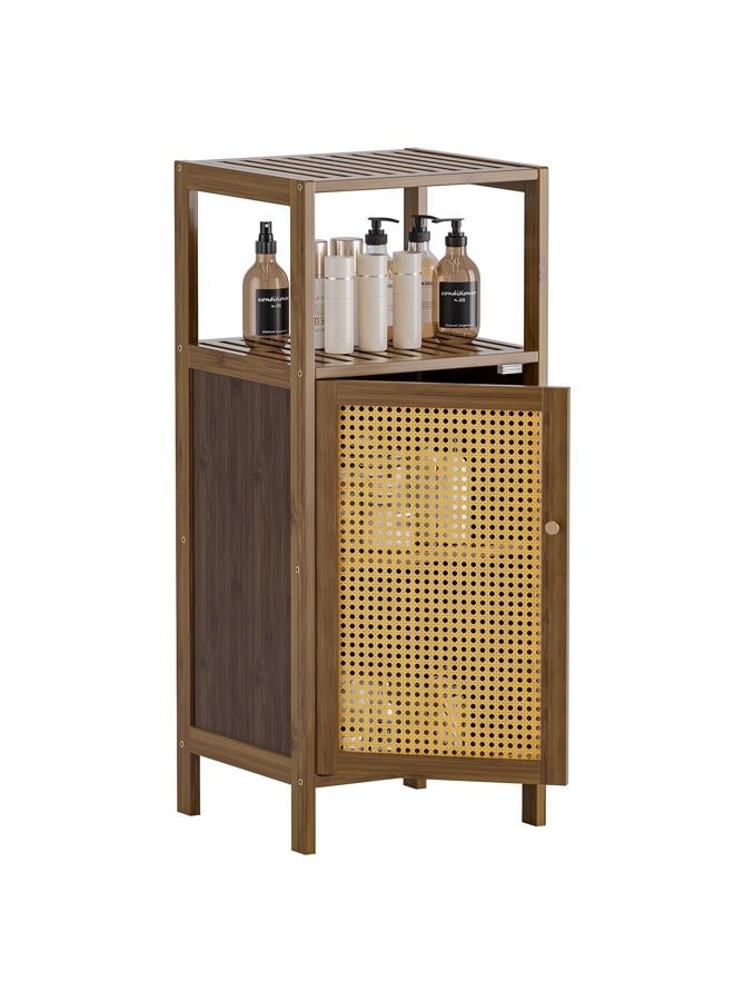 HITNET Rattan Bathroom Cabinet, Freestanding Bathroom Cabinet, Small Bamboo Floor Cabinet with Door, Living Room, Kitchen, Entrance, Walnut - Image 1