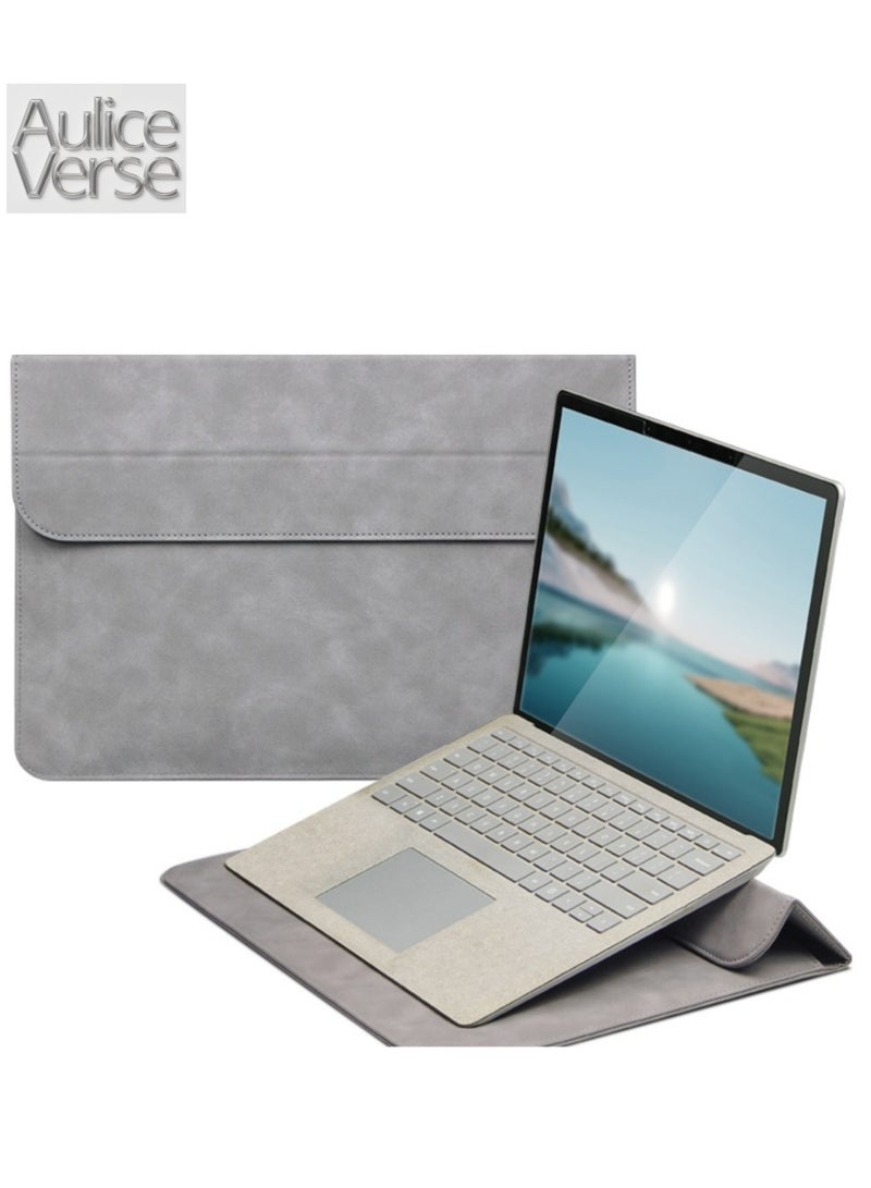 AuliceVerse 13.3 - 14 Inch Ultra slim and lightweight Water Resistant PU Leather Laptop Sleeve Case with Adjustable Stand Compatible with MacBook Pro 14 (M4/M3/M2/M1 Pro/Max 2024 - 2021) MacBook Pro/Air 13.3 13.5 - 13.8 Surface Laptop HP Specter X360 13/14 Gray - Image 1