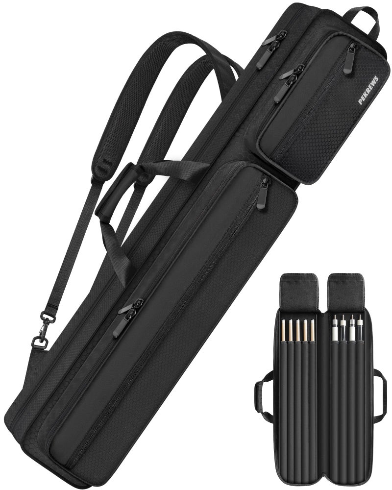 PEKREWS Pool Cue Case Pool Stick Case 4x5 with Multiple Pockets Holds 4 Butts 5 Shafts Soft Padded Sturdy Pool Cue Bag Billiard Cue Backpack with Adjustable Shoulder Straps for Men and Women