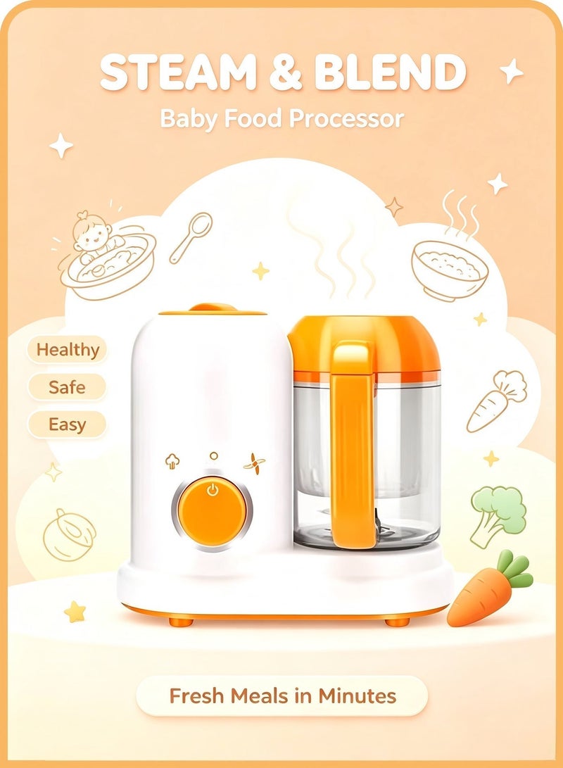 BPA Lead Phthalate-Free Shatterproof Baby Food Steamer Blender, Orange/White - Image 1