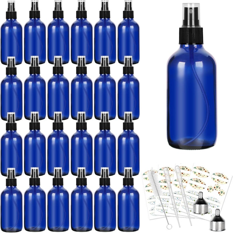 CycleMore CycleMore 25 Pack 4oz Blue Glass Spray Bottles with Fine Mist Sprayers, Glass Travel Bottles for Cosmetic Essential Oils Cleaning Solutions Perfumes & More Liquids (1 Brush, 2 Funnels and 36 Labels) 