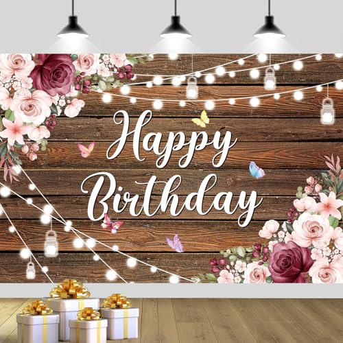 YinQin 180x120 cm Rustic Wood Flower Birthday Backdrops Photo Cloth 71x47 inch Happy Bday Photography Backgrounds Wooden Floral Butterfly Happy Birthday Sign Banner Decoration for Women Girl - Image 1