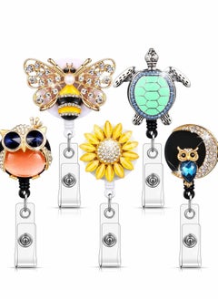 Y&D Crystal Badge Reels 5Pcs Retractable Rhinestone Holder ID Name with Alligator Swivel Clip for Teacher Worker Nurse Gift (Turtle, Bee, Owl, Flower)  - Image 1