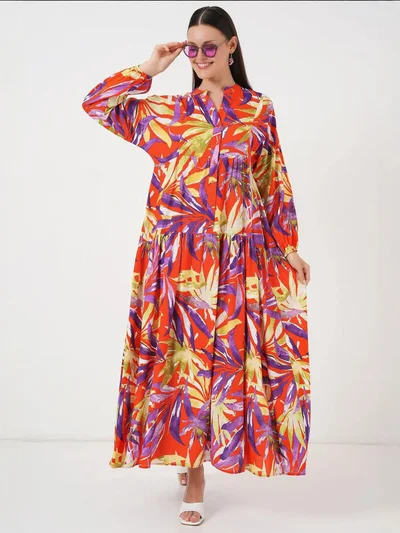 BIG DART BDART Patterned V-Neck Maxi Dress with Button Closure