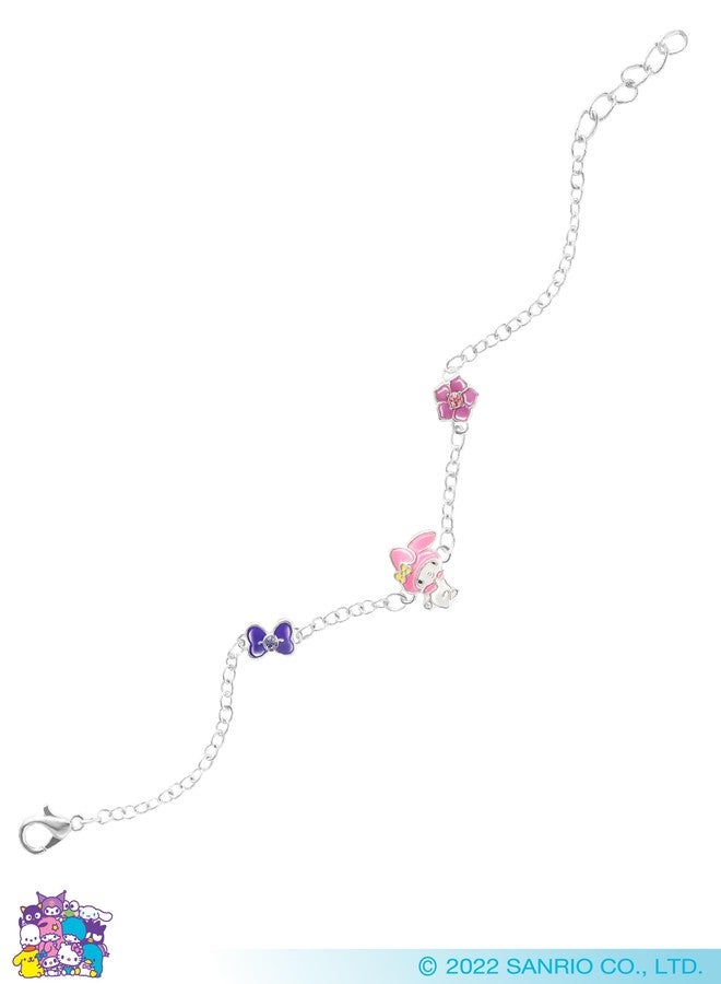 هالو كيتي سوار هيلو كيتي ماي ميلودي للنساء، مزين بقلادات على شكل زهرة وفيونكة، طوله 6.5 بوصة + 1 بوصة، مطلي بالفضة، سوار سانريو مرخص رسميًا - Image 4