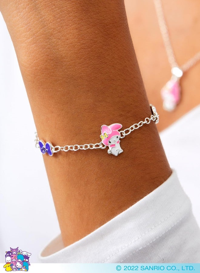 هالو كيتي سوار هيلو كيتي ماي ميلودي للنساء، مزين بقلادات على شكل زهرة وفيونكة، طوله 6.5 بوصة + 1 بوصة، مطلي بالفضة، سوار سانريو مرخص رسميًا - Image 2