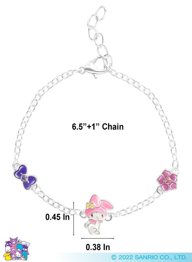 هالو كيتي سوار هيلو كيتي ماي ميلودي للنساء، مزين بقلادات على شكل زهرة وفيونكة، طوله 6.5 بوصة + 1 بوصة، مطلي بالفضة، سوار سانريو مرخص رسميًا - Image 5