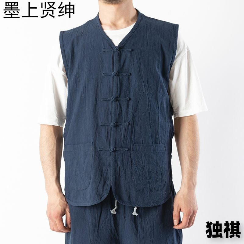 Chinese Style Cotton And Linen Tang Dress Vest Suit Men'S Young Men'S Chinese Style Waistcoat Summer Waistcoat Buckle Loose Vest Sweatshirt - Image 3