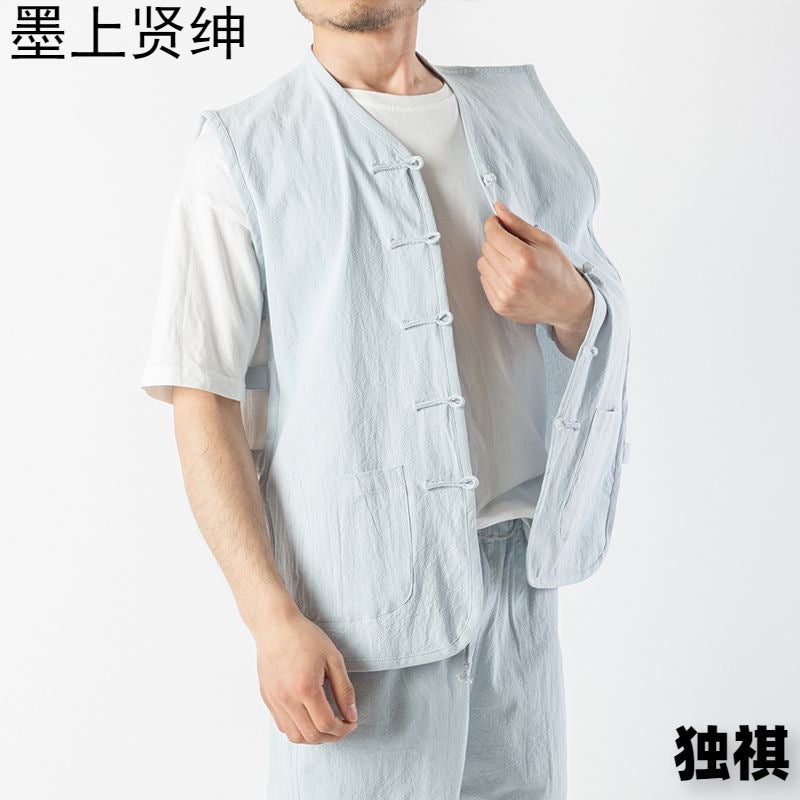 Chinese Style Cotton And Linen Tang Dress Vest Suit Men'S Young Men'S Chinese Style Waistcoat Summer Waistcoat Buckle Loose Vest Sweatshirt - Image 4
