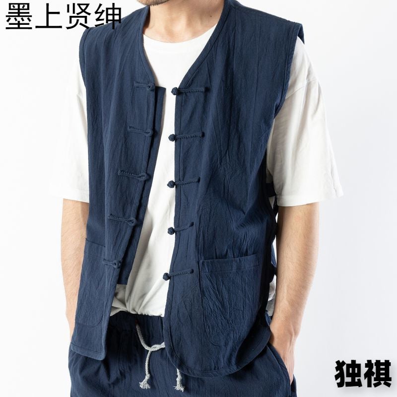 Chinese Style Cotton And Linen Tang Dress Vest Suit Men'S Young Men'S Chinese Style Waistcoat Summer Waistcoat Buckle Loose Vest Sweatshirt - Image 2