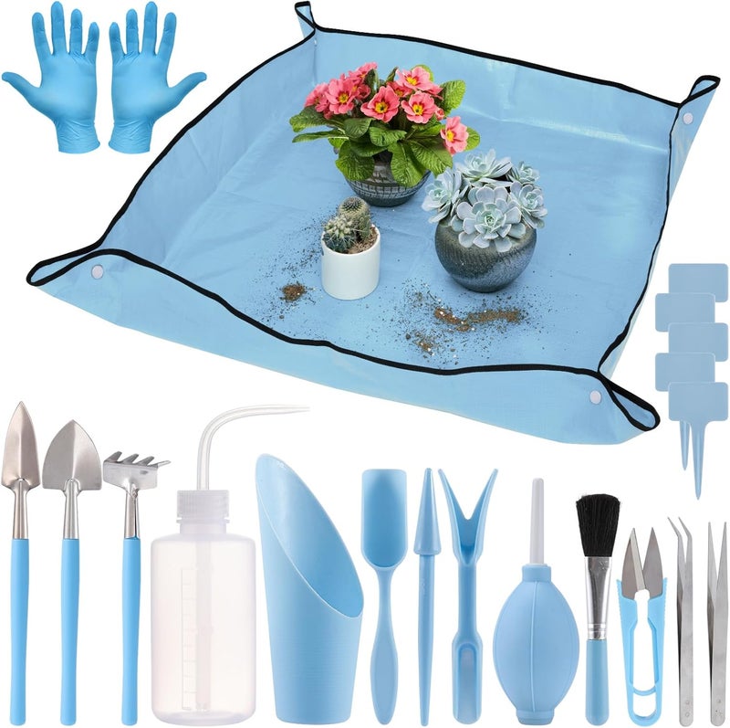 ANPHSIN 20 pcs Succulent Tool Set - 39.4" Indoor Plant Repotting Mat and 19 Pcs Mini Succulent Hand Tools, Garden Flower Plants Transplanting Supplies for Women Holiday Gardening Gifts Outdoor, Blue - Image 1
