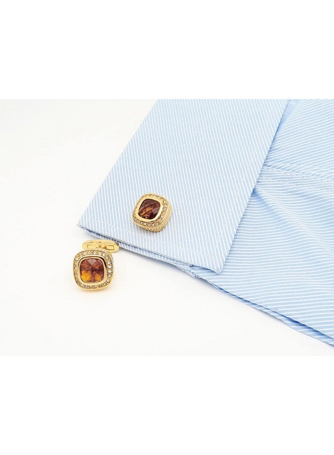 Jonwo 14K Gold Plated Brown Gem Stone Cufflinks For Men Wedding Dress Men Crystal Cufflink For Shirt Party Birthday Anniversary Dress - Image 3