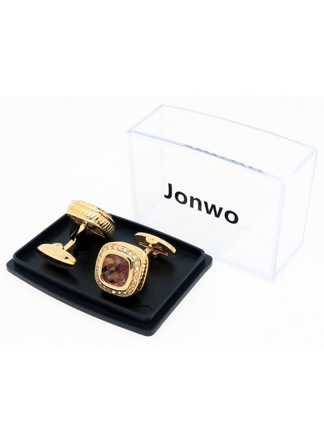 Jonwo 14K Gold Plated Brown Gem Stone Cufflinks For Men Wedding Dress Men Crystal Cufflink For Shirt Party Birthday Anniversary Dress - Image 4