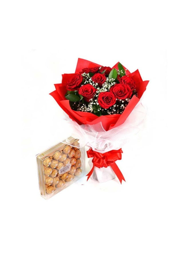 Generic 12 Red Roses Bouquet And 24 Pieces Ferrero Rocher Chocolates 