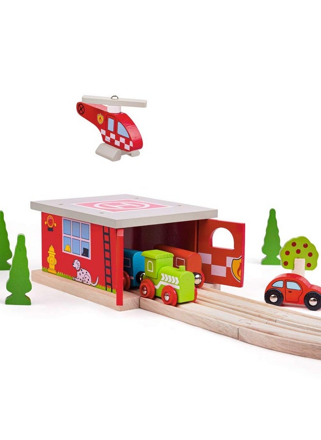 Bigjigs Rail , Firestation Shed, Wooden Toys, Bigjigs Train Accessories, Wooden Fire Station, Wooden Shed, Rescue Vehicles Toys, Wooden Train Sets, Wooden Toys For 3 4 5 Year Olds  - Image 1