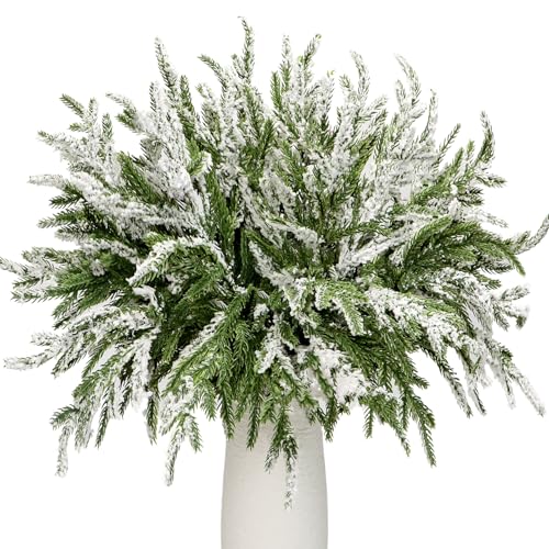 Kunjocy 24Pcs Norfolk Pine Branches Stems 13.5" Artificial Pine Needles Sprigs Norfolk Pine Garland Accessories Vase Fillers Winter Fake Christmas Tree Picks Greenery Sprays for DIY Wreaths (24, Frost) - Image 1