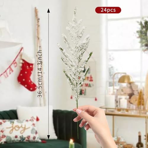 Kunjocy 24Pcs Norfolk Pine Branches Stems 13.5" Artificial Pine Needles Sprigs Norfolk Pine Garland Accessories Vase Fillers Winter Fake Christmas Tree Picks Greenery Sprays for DIY Wreaths (24, Frost) - Image 2