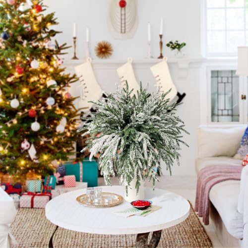 Kunjocy 24Pcs Norfolk Pine Branches Stems 13.5" Artificial Pine Needles Sprigs Norfolk Pine Garland Accessories Vase Fillers Winter Fake Christmas Tree Picks Greenery Sprays for DIY Wreaths (24, Frost) - Image 4
