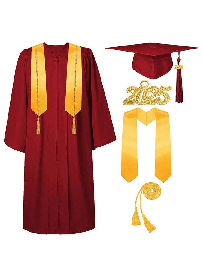 Loquat Middle High School College Graduation Gown Robe With Cap Wine Red