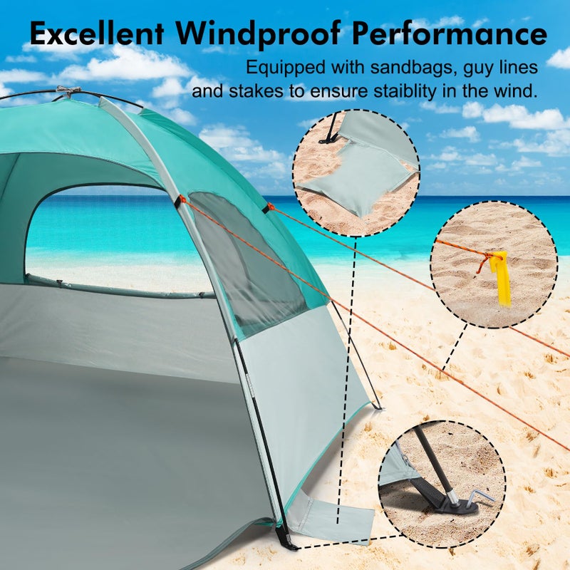 WhiteFang Beach Tent Anti-UV Portable Sun Shade Shelter for 3 Person, Extendable Floor with 3 Ventilating Mesh Windows Plus Carrying Bag, Stakes and Guy Lines (Mint Beige) - Image 5