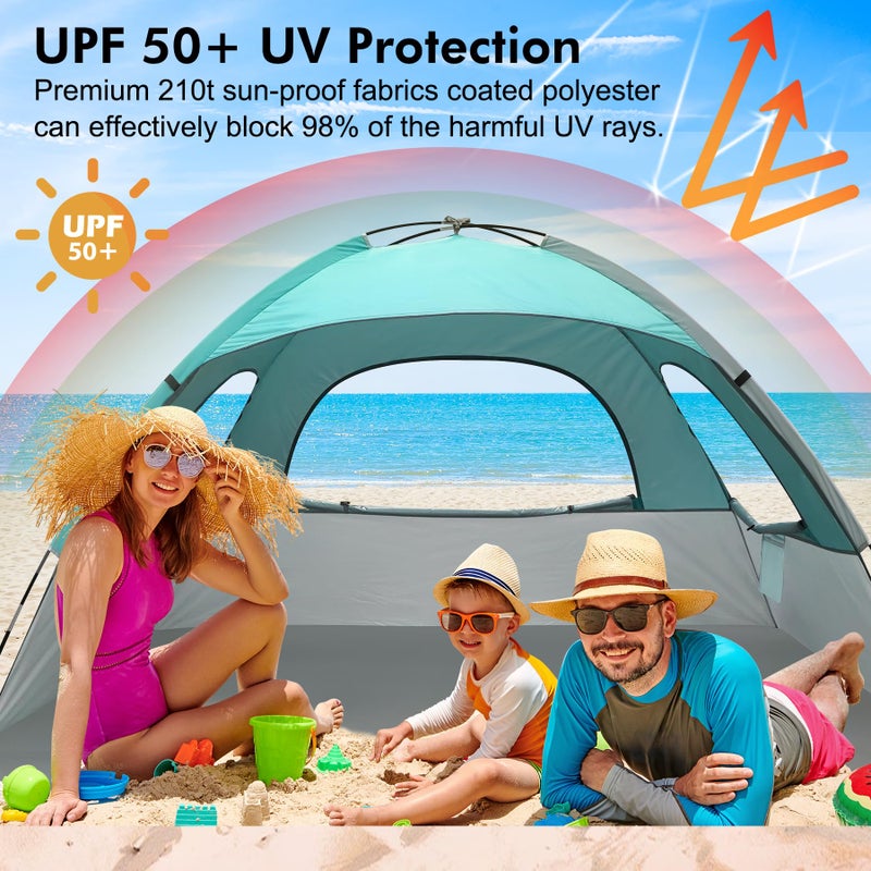 WhiteFang Beach Tent Anti-UV Portable Sun Shade Shelter for 3 Person, Extendable Floor with 3 Ventilating Mesh Windows Plus Carrying Bag, Stakes and Guy Lines (Mint Beige) - Image 3