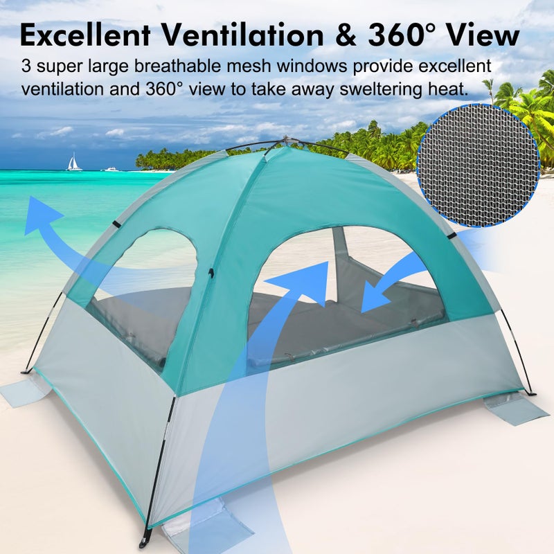WhiteFang Beach Tent Anti-UV Portable Sun Shade Shelter for 3 Person, Extendable Floor with 3 Ventilating Mesh Windows Plus Carrying Bag, Stakes and Guy Lines (Mint Beige) - Image 4