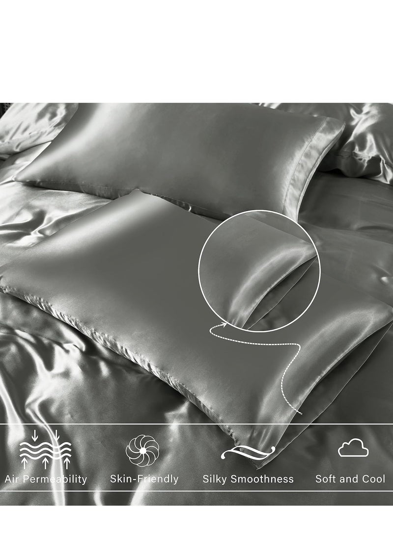 3 Pieces Satin Bedding Set, King Size Silky Duvet Covers Collection, 1x Cooling Duvet Cover 104x90 Inches and 2 Pillowcases, Comforter Not Included-Silver Grey  - Image 4