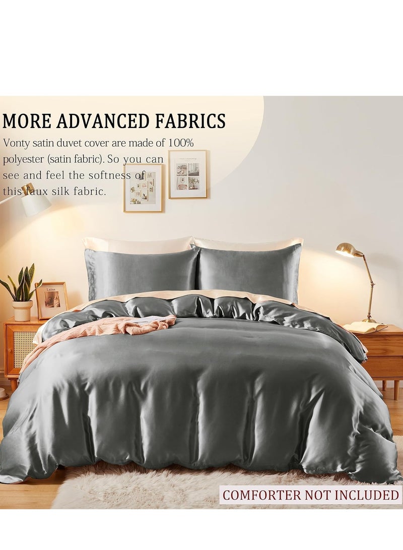 3 Pieces Satin Bedding Set, King Size Silky Duvet Covers Collection, 1x Cooling Duvet Cover 104x90 Inches and 2 Pillowcases, Comforter Not Included-Silver Grey  - Image 5